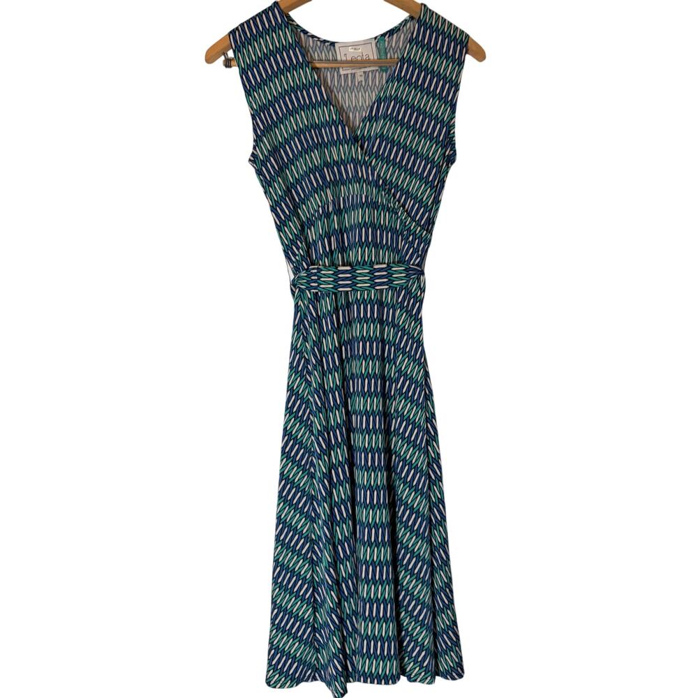 Leota womens V neck fit flare faux wrap geometric knee length dress.  Size XS